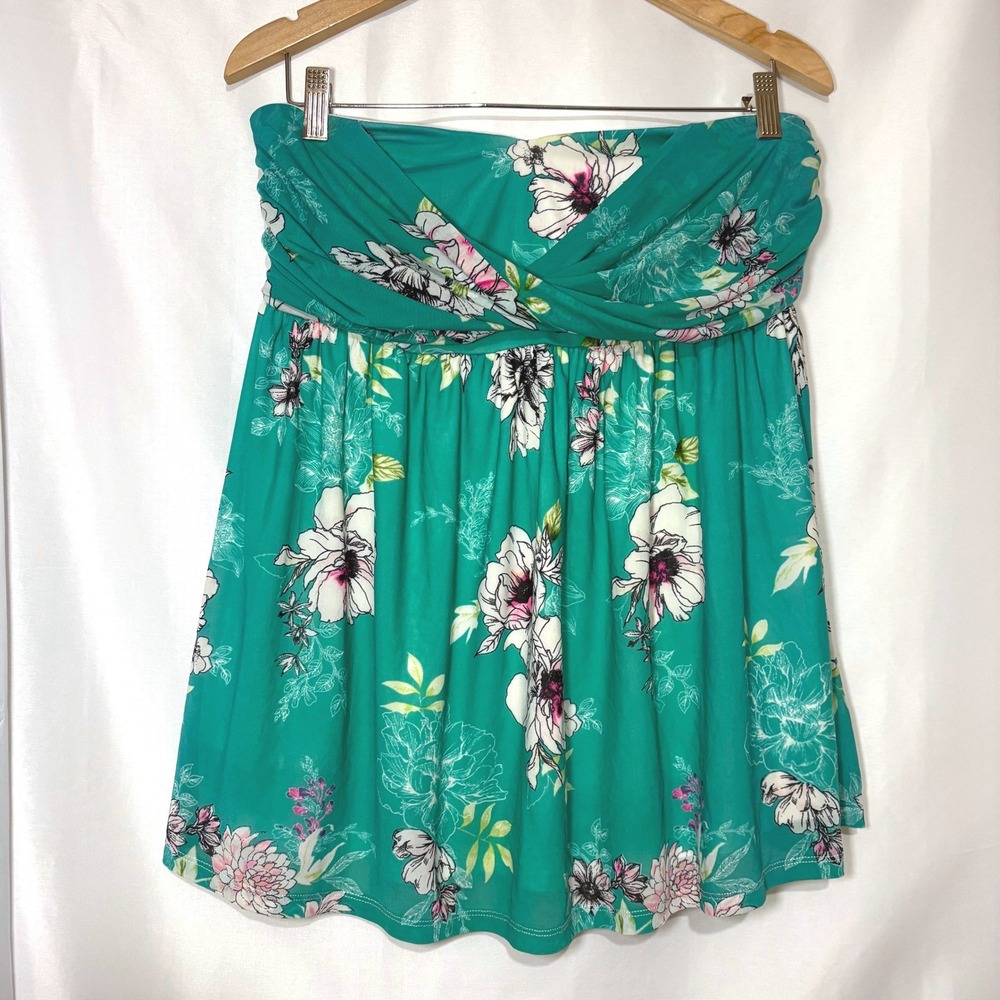 Torrid Green Floral Strapless Mesh Tube Top Smocked Twist Front Size 0 L XL